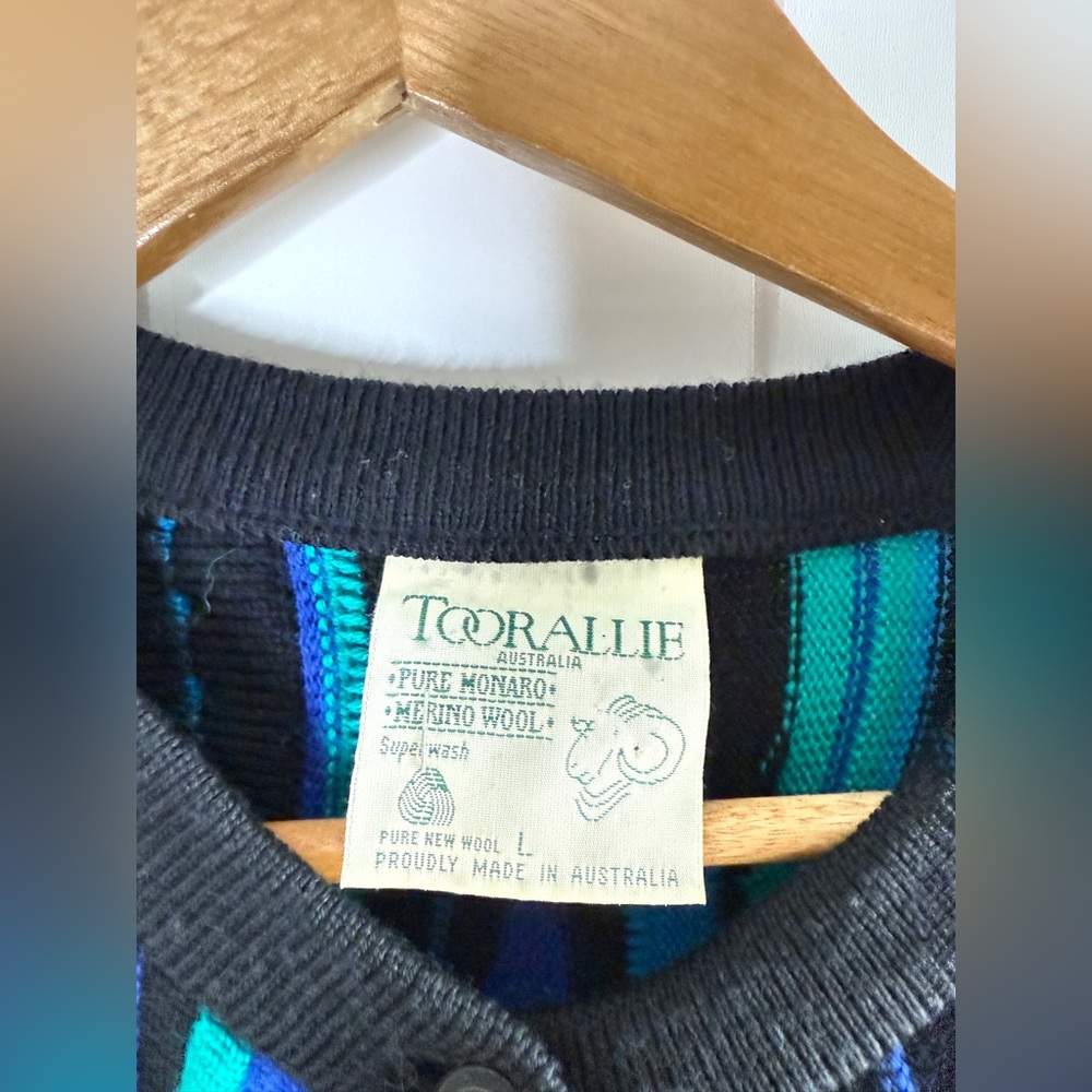 Vintage Striped Button-Front Unisex Sweater Cardigan - Blue/Teal - Picture 2 of 9